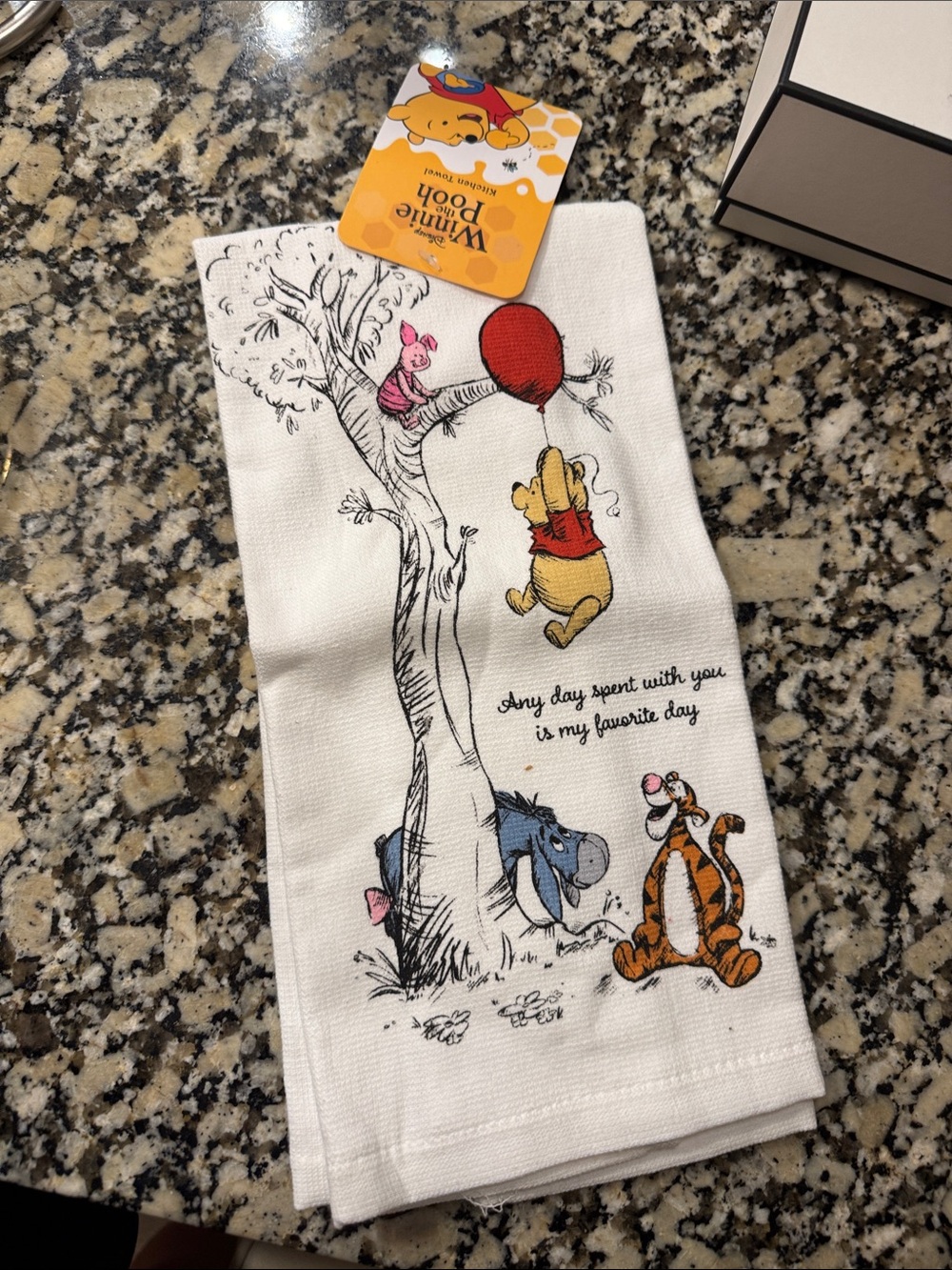 Disney Winnie the Pooh White Tea Towel with Red, Pink, Blue and Orange Accents